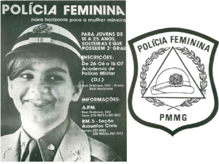 A esquerda Cartaz de divulgação das inscrições para a Polícia Feminina e a direita Brasão da Cia Ind de Polícia Feminina